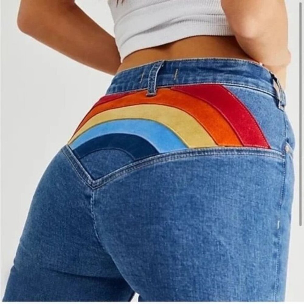 Free People We The Free Somewhere Over The Rainbow Flare Blue Jeans 23210 - Picture 3 of 14